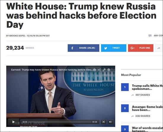美国国会山报截图：欧内斯特称，特朗普对俄罗斯黑客干预大选可能知情。