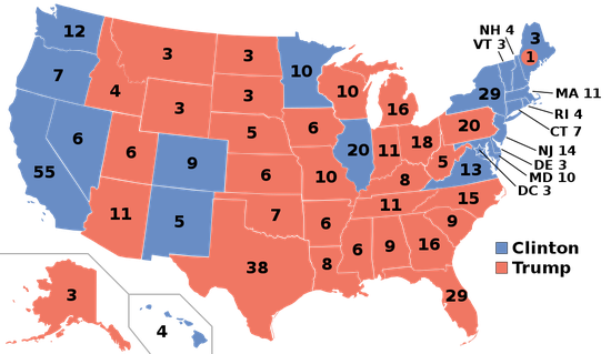 特朗普（红）和希拉里（蓝）在大选中各自获得的选举人票情况