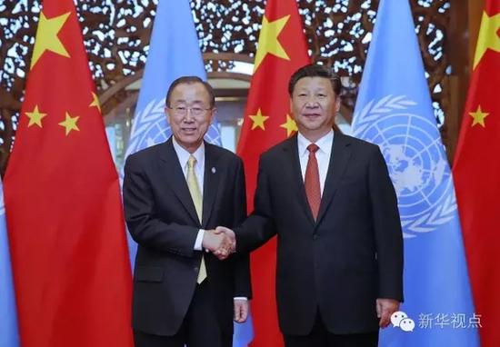 2016年7月7日，国家主席习近平在北京钓鱼台国宾馆会见联合国秘书长潘基文。新华社记者鞠鹏摄