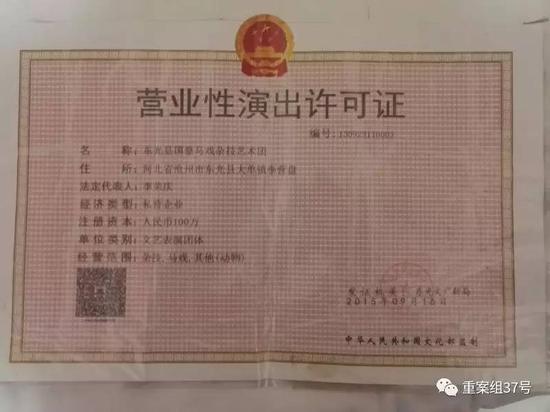 李荣庆所经营马戏团的营业性演出许可证。 受访者供图