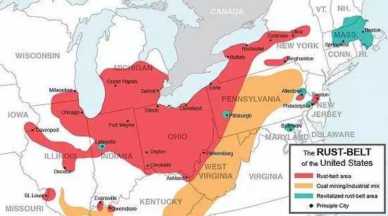 ▲红色区域为美国“铁锈工业带”