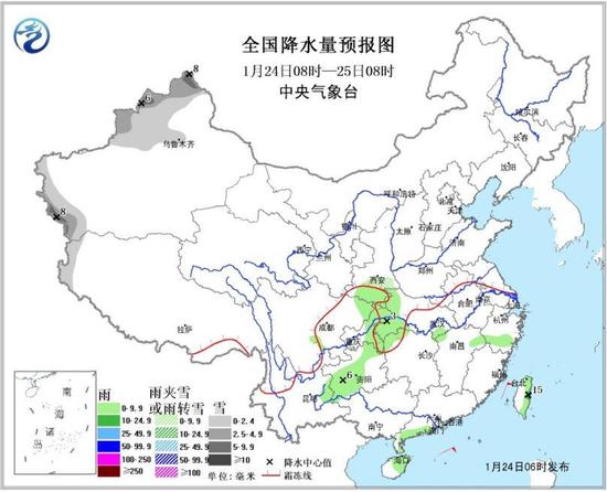 图1 全国降水量预报图（24日08时-25日08时）