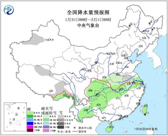 图3全国降水量预报图（1月31日08时-2月1日08时）