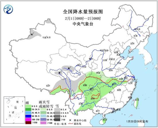 图4全国降水量预报图（2月1日08时-2月2日08时）