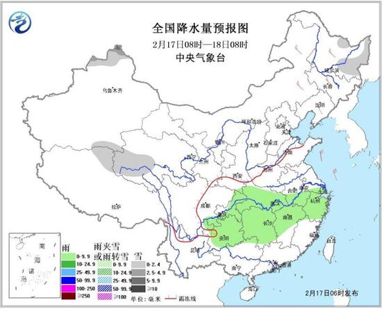 图2 全国降水量预报图（17日08时-18日08时）