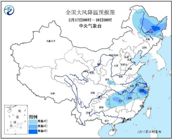 图1 2017年2月17日08时至18日08时大风降温预报图