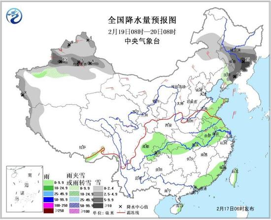 图4 全国降水量预报图（19日08时-20日08时）
