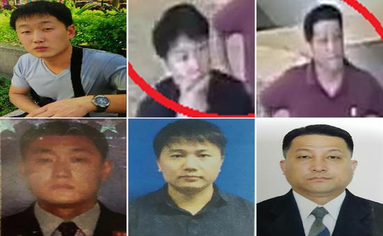 马来西亚警方于当地时间2月22日发布这张刺杀金正男3名朝鲜籍嫌犯拼接图。上下对应的都是同一人，从左到右分别为30岁的Ri Ji U、37岁的Kim Uk Il 以及44岁的Hyon Kwang Song。视觉中国图