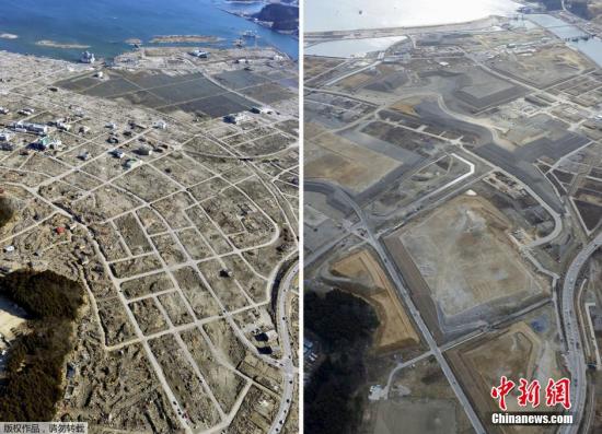 2011年4月5日（左）和2016年2月16日拍摄的日本岩手县陆前高田市的拼版照片。 2011年3月11日，日本东北部海域发生9.0级强震，引发特大海啸。