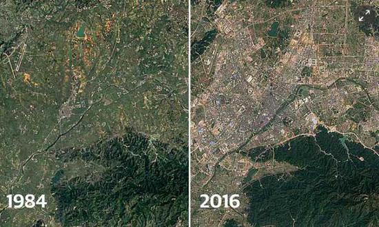 图为浙江义乌1985年和2015年城市卫星照片对比