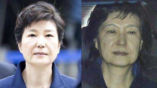 朴槿惠前往拘留所前后的发型妆容对比