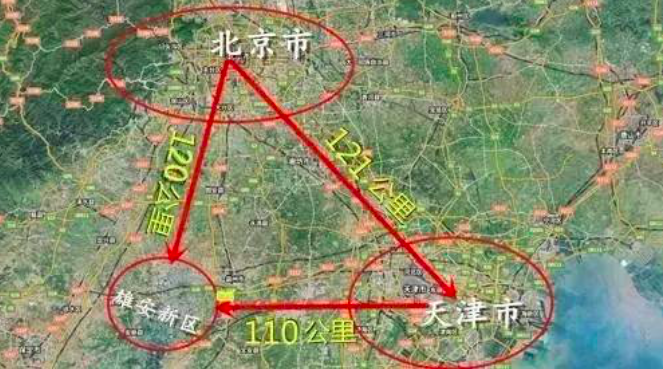 ▲雄安和北京、天津的方位刚好形成一个三角形