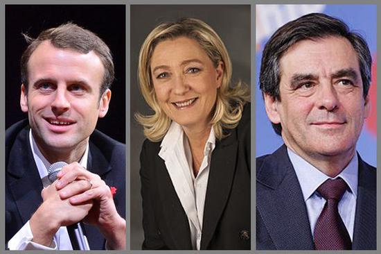 法国总统候选人马克龙、勒庞、菲永（从左往右）