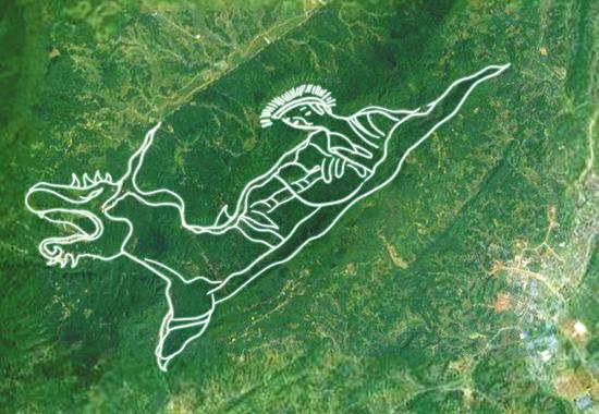 ①雅安市名山区蒙顶山，如果从高空俯瞰，一个天然的巨型人形图案栩栩如生。而此图也被称作“仙人神麟图”。