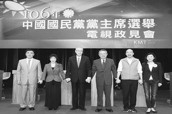从左到右依次为:郝龙斌、洪秀柱、吴敦义、詹启贤、 韩国瑜、潘维刚。