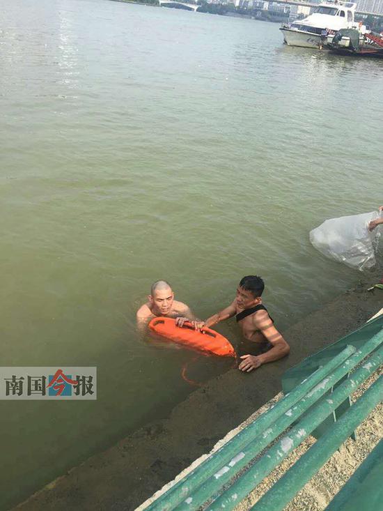 14日下午，一名从贵港来柳的旅客，从柳州市柳州铁桥西人工沙滩下水消暑，虽然自认为水性不错，但由于不熟悉水情，很快便在河中遇险，所幸被正在值守的救援志愿者发现，并用救生鱼雷成功救起。这已是志愿者本月值守以来救起的第4名遇险游客。图为救生志愿者覃汉全（前）用救生鱼雷将遇险游客拖向岸边。通讯员苏亮 摄