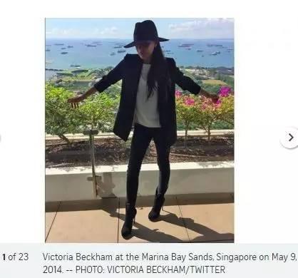 ▲维多利亚。贝克汉姆2014年在新加坡滨海湾金沙酒店。（图据《海峡时报》）