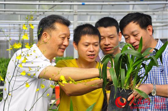  廖俊波（左一）带领农技人员帮助花农解决技术难题。图片来源：人民网