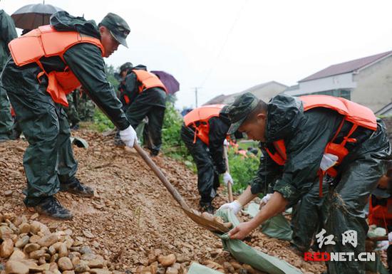  益阳资江，官兵们正在封堵管涌。杨宁摄