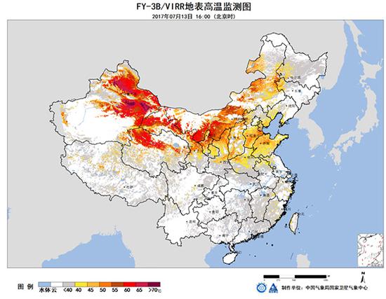 图1、FY-3B/VIRR气象卫星地表温度图 2017年7月13日。 本文图均为 中国气象局 图