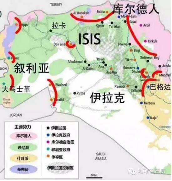 （图：ISIS实际控制区与逊尼派的势力范围高度重合，其兴起的基础即在于利用伊拉克和叙利亚两国的逊尼派与政府的矛盾，获得大量逊尼派支持。）