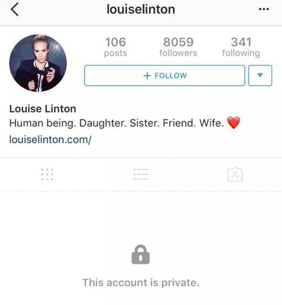 ▲林顿的 Instagram 账号已设为“隐私”状态