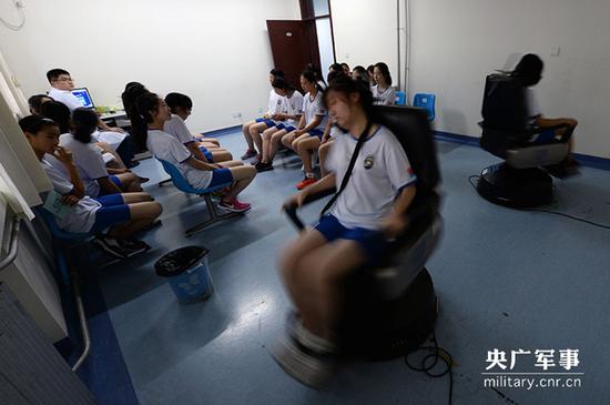 参加定选检测的女学生们进行前庭功能检测。