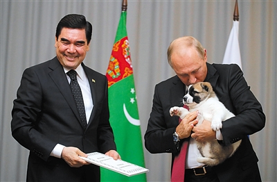 10月11日，俄罗斯索契，普京与土库曼斯坦总统会面，获赠土库曼斯坦中亚牧羊犬。图/视觉中国