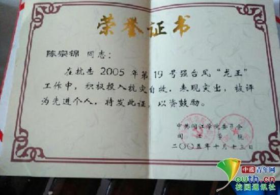 陈宗锦珍藏的十二年前的荣誉证书