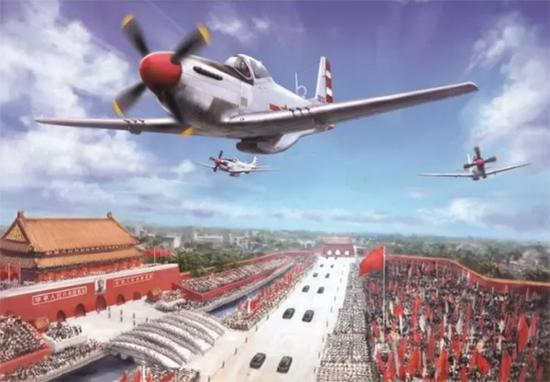 开国大典时,P-51编队飞过天安门。画家油画展现的是一个新时代的开始。