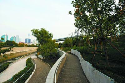 通惠河南岸,大通滨河公园目前已完成南部片区绿化。