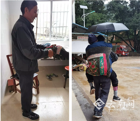 吊瓶挂完了,汪克武熟练地拿起背带又把母亲背起来,准备回家了。刘苏瑶 摄