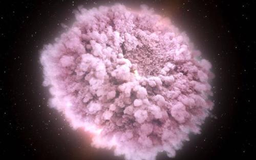 NASA发布了中子星相撞时产生的粉色云团。(图片来源:NASA)