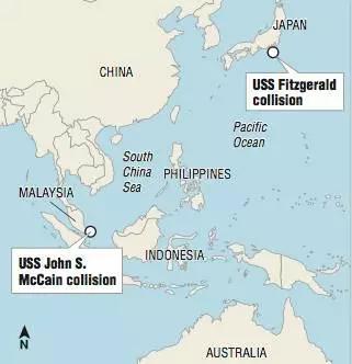 图为两次撞船事故发生地点，其中“麦凯恩”号事故的发生地在马六甲海峡