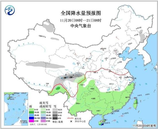 图1 全国降水量预报图（20日08时-21日08时）