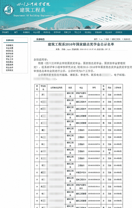 四川三河职业学院建筑工程系官网在2016年10月13日公布的《建筑工程系2016年国家励志奖学金公示名单》部分截图。图片系澎湃新闻基于保护隐私需要打码，原页面没有打码。