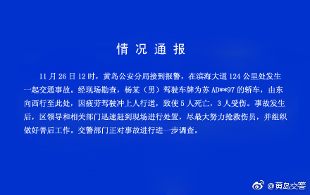 男子疲劳驾驶冲上人行道 致5人死亡3人受伤