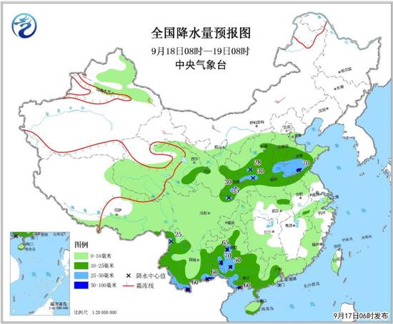 全国降水量预报图（9月18日08时-19日08时）