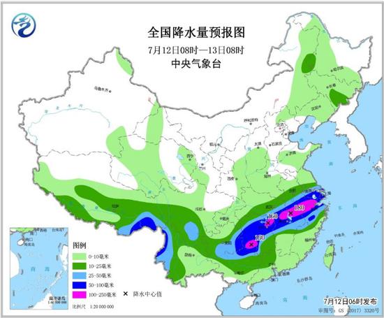 全国降水量预报图(7月12日08时-13日08时) 来源:中央气象台