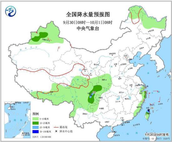 图3 全国降水量预报图（9月30日8时-10月1日8时）