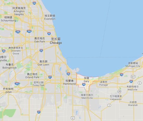 加里市位于芝加哥東南約40公里（谷歌地圖）