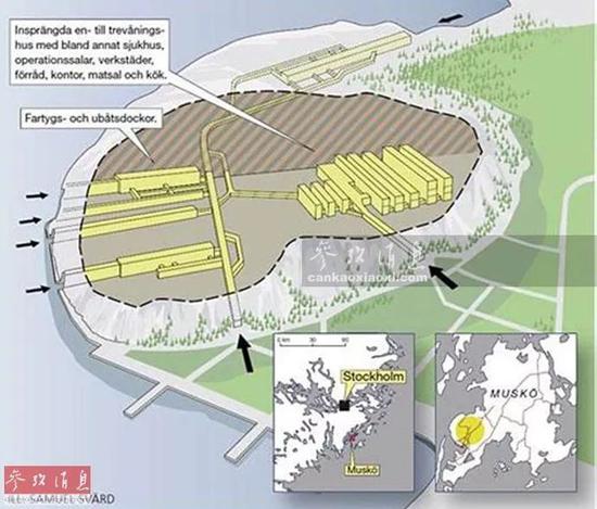 ▲穆斯克地下海军基地的占地面积达1.5万平方米, 堪比40个瑞典王宫,图为该基地的分布示意图,可见多个地下船坞。