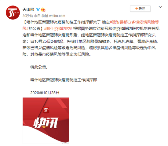 新疆喀什疏附县局部州里疫情危害品级定为高危害(图1) 新疆喀什疏附县局部州里疫情危害品级定为高危害(图1)