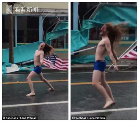 美国男子专门前往飓风登陆地 举国旗半裸站立(图)