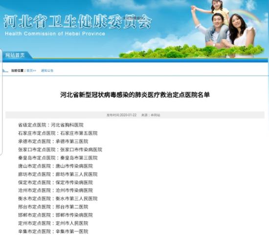 今日(1月22日),河北省卫生健康委员会公布河北省新型冠状病毒感染的肺炎医疗救治定点医院名单。来源:河北省卫健委官网截图