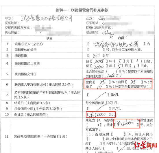 文件显示,高磊需支付5万元保证金、15万元装修费和装潢管理费