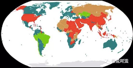 图：世界各国与地区死刑存废图（红色为保留死刑的国家、青色为全面废除死刑的国家、绿色为只在特殊情况下适用死刑的国家、褐色为虽然保留死刑但却超过10年未适用）