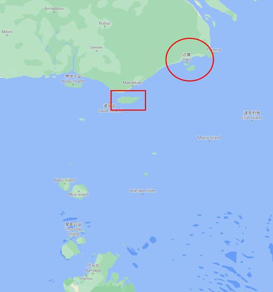 达鲁岛(红圈)位于托雷斯海峡北部,距离最近的澳大利亚领土赛巴伊岛(红
