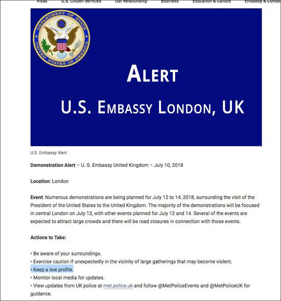 美国驻英大使馆网站公告截图