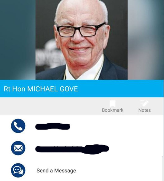 英国环境部长迈克尔·戈夫的照片被换成了传媒大亨鲁珀特·默多克。(图源:BBC)